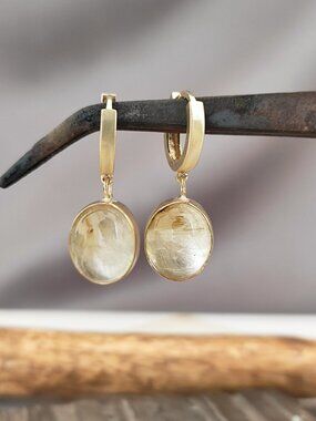 Rutile Quartz earrings - 14K Solid yellow gold earrings - Drop dangle